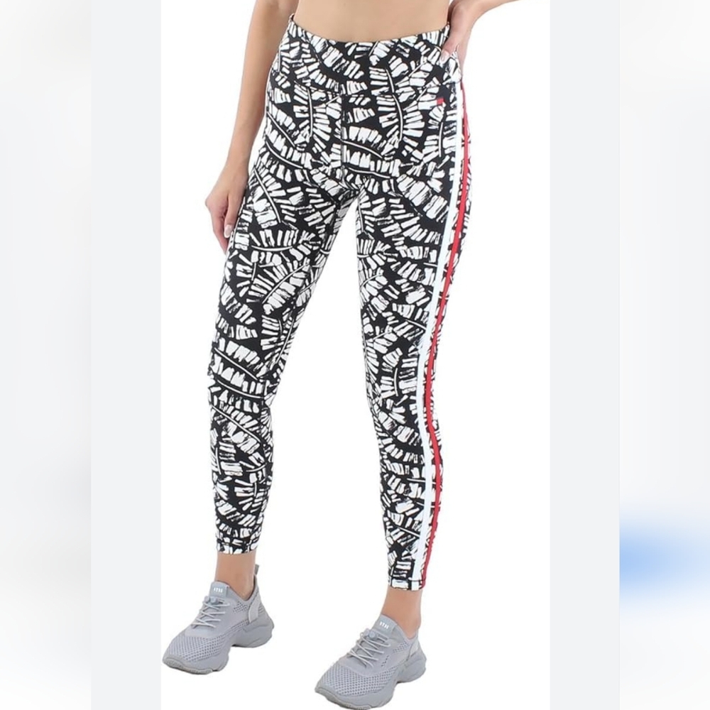 New Tommy H. Sport Black & White Patterned Leggings with Red/White Stripe XXL